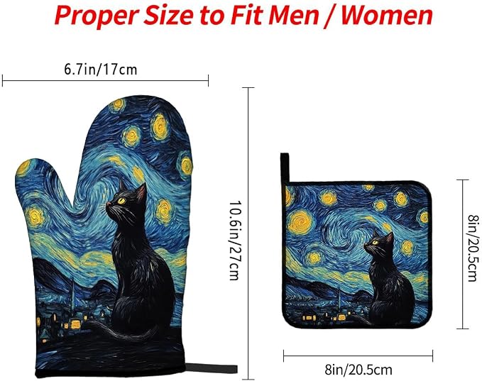 LOKMU Oven Mitts and Pot Holders Set of 3, Starry Night and Black Cat Heat - Image 3