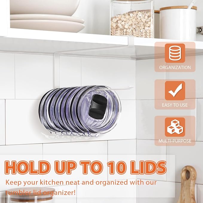 Tumbler Lid Organizer, Horizontal Tumbler Lid Storage Hook Up to 10 Lids - Image 2