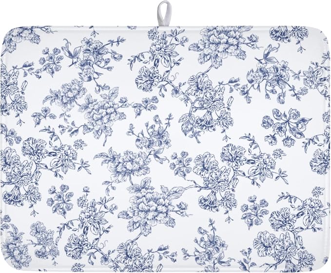 Blue Floral Dish Drying Mat for Kitchen Counter Chinoiserie Flower Microfiber by Unknown