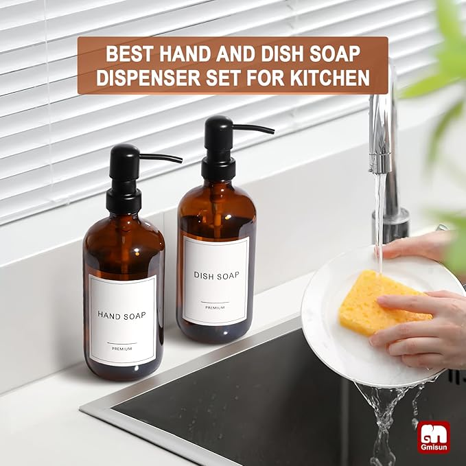 GMISUN Amber Glass Soap Dispenser, 2 Pack Bathroom Hand Soap Dispensers - Image 7