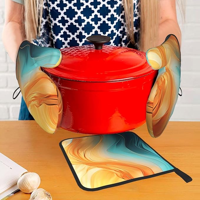 Orange Teal Marble Oven Mitts and Pot Holders Sets of 3 Kitchen Hot Pads Modern - Image 7