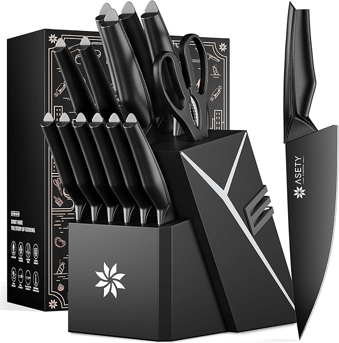 Kitchen Knife Sets with Block -15 PCS Knife Set with Bulti-in Sharpener by ASETY