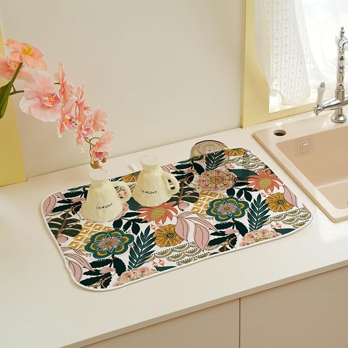 Boho Dish Drying Mat 18 x 24 Inch Pink Green Floral Drying Mat - Image 5