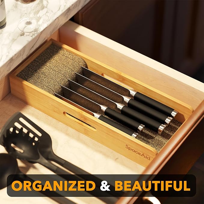 SpaceAid Knife Drawer Organizer Bamboo Insert Dock, Kitchen Steak Knives Holder - Image 4