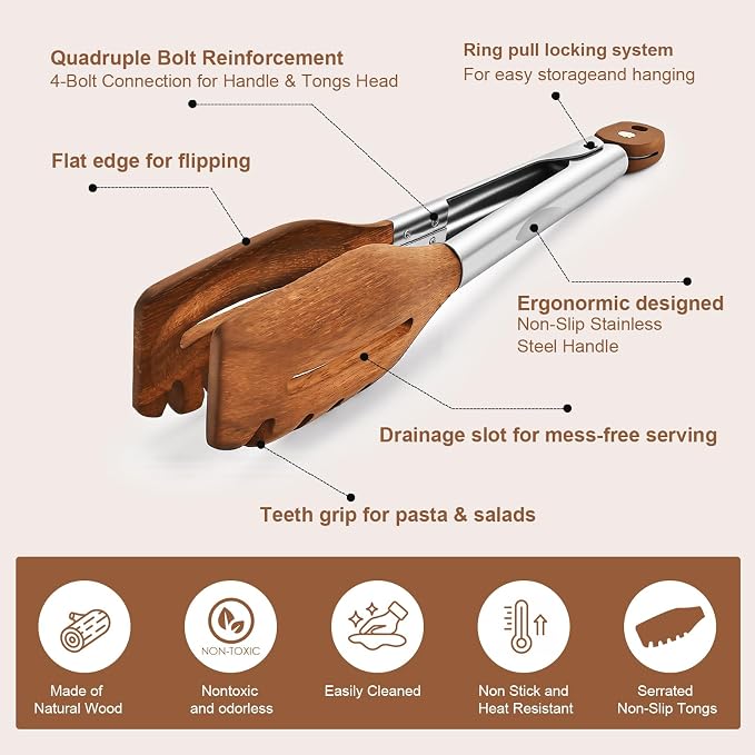 2 Pack 3-in-1 Wooden Tongs for Cooking Natural Walnut Wood kitchen Tongs - Image 4