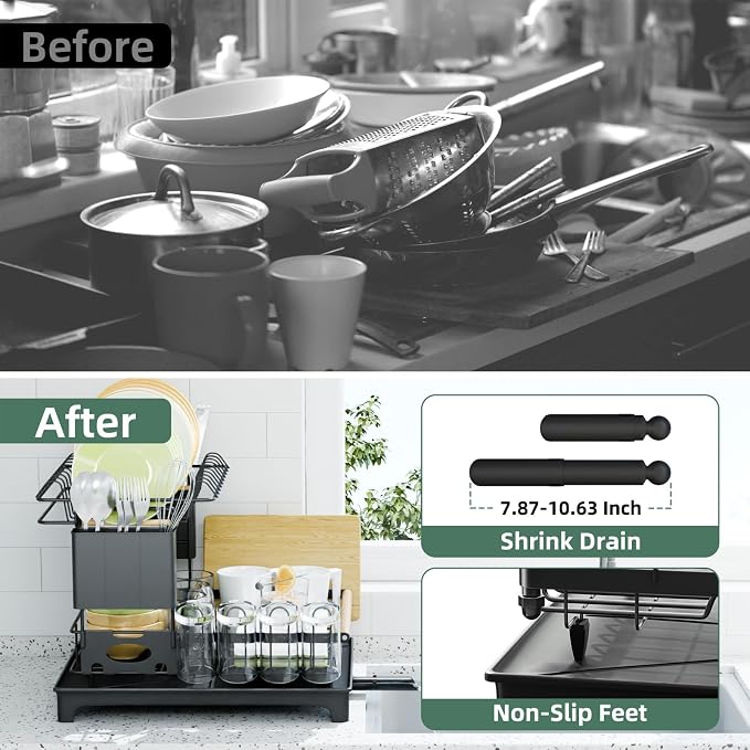 2-Tier Dish Rack with Drainboard: Large Capacity Anti-Rust Kitchen Counter - Image 6