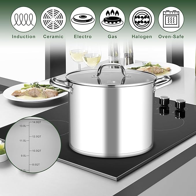 Leonyo 14 Quart Stock Pot with Lid, Stainless Steel StockPot with Lid, Tri-ply - Image 3