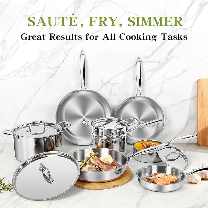 Triple Ply Stainless Steel Pots and Pans Set, EWFEN 12 Piece Induction Cookware - Image 3