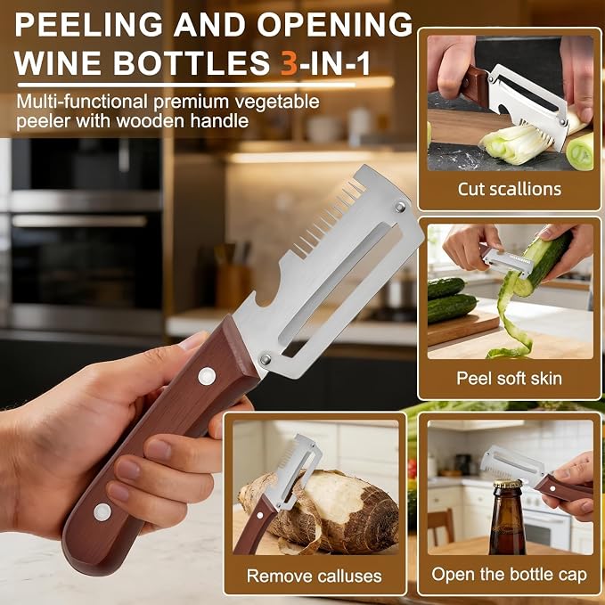 2PCS Multifunctional Vegetable Peeler, Upgrade 3-in-1 Wooden Handle Peelers - Image 2