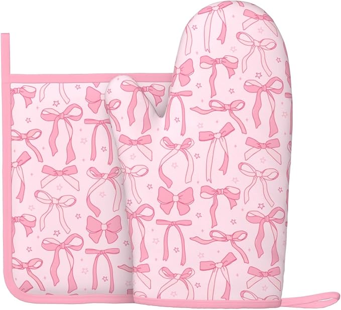 Pink Cute Ribbon Bow Silicone Oven Mitts Pan Mats Set of 2, Heat Resistant by Cayiibe
