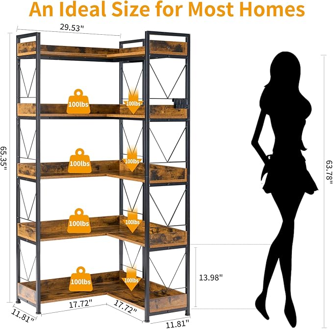 DUMOS 65 inch L Shaped Bookshelf, 5 Tier Corner Bookcase - Image 3