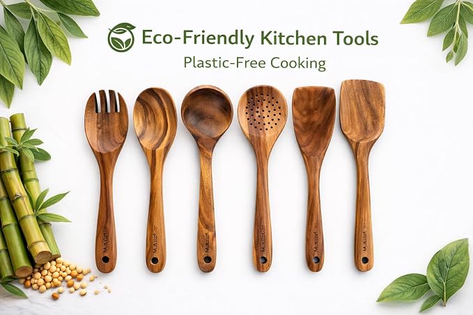Teak Wood Kitchen Utensils Set – 6 Piece, Sustainable Teak Cooking Utensils - Image 11