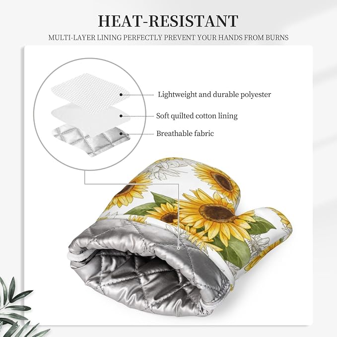 Yellow Sunflower Oven Mitts Pot Holders Set Silicone Heat Resistant Sunflowers - Image 4