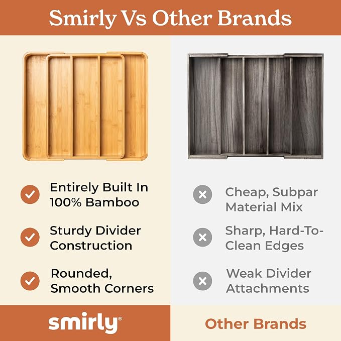 SMIRLY Silverware Drawer Organizer – Bamboo Kitchen Drawer Organizer, - Image 8