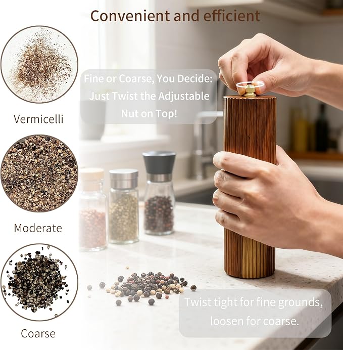 8 Inch Wooden Salt and Pepper Grinder Set, Adjustable Coarseness, Acacia Wood - Image 4