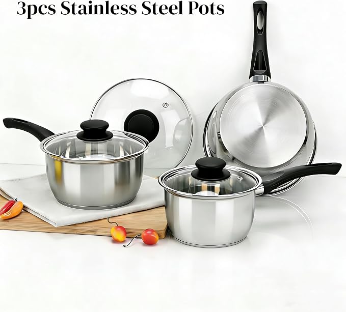 3pcs Stainless Steel Saucepan Set, Kitchen 1QT & 2QT & 3QT Pot Set - Image 7