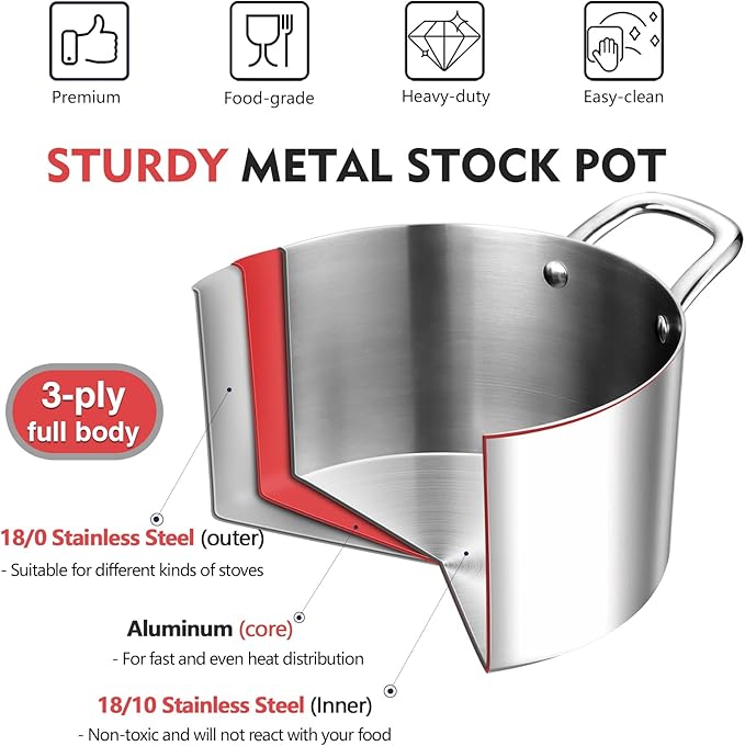 P&P CHEF 8 Quart Tri-Ply Stainless Steel Stock Pot, 8 Qt Stockpot Pasta Cooking - Image 4