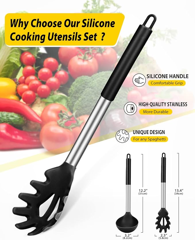 Silicone Pasta Fork and Ladle Spoon Set, Large Non Stick Kitchen Utensils - Image 2