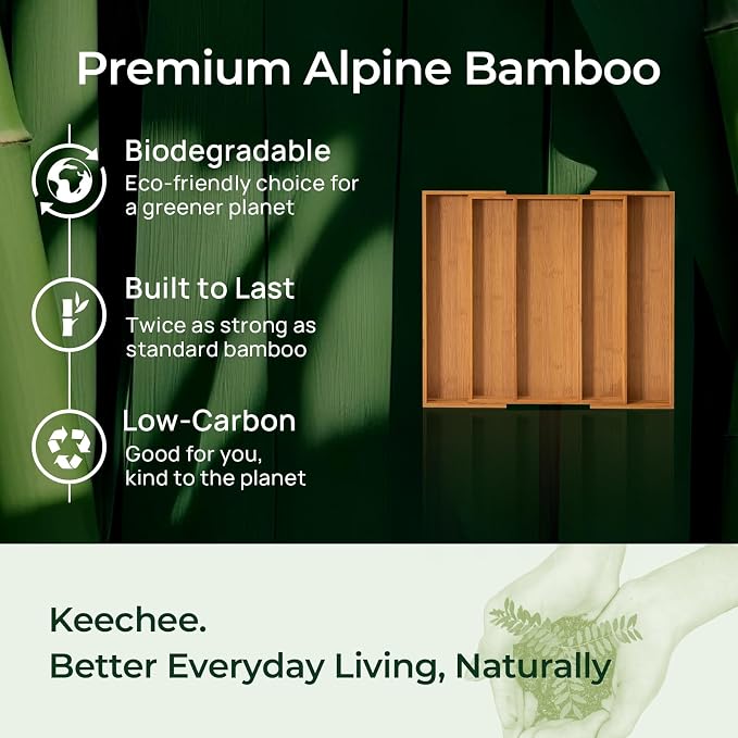 Carbonized Bamboo Kitchen Drawer Organizer, 5 Slots Expandable Silverware - Image 8