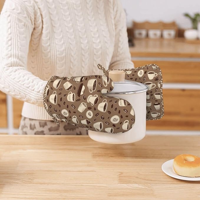 Oven Mitts and Pot Holders Set, Coffee Pattern Bean Silicone Kitchen - Image 7