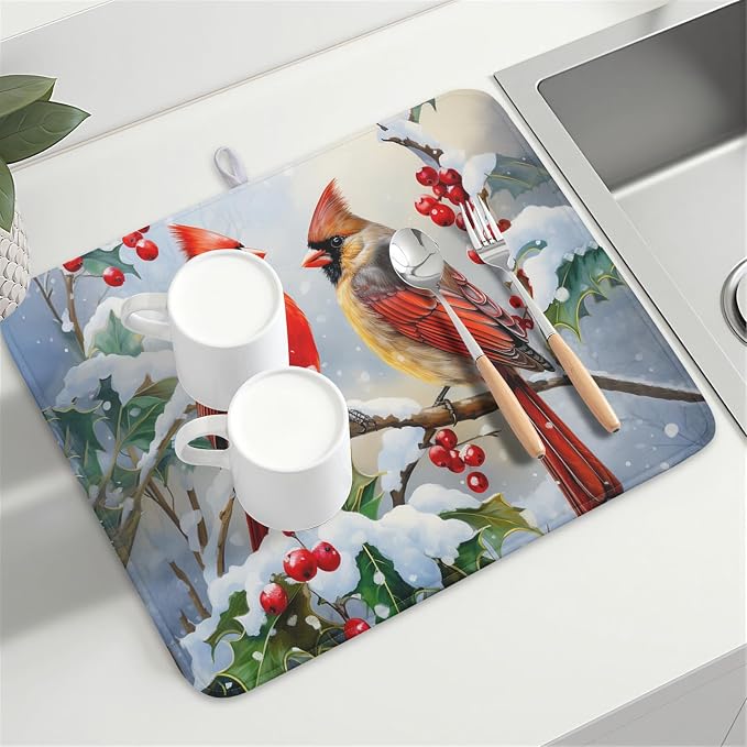 Winter Cardinal Birds Dish Drying Mat, Holly Berry Branches Dish Drying Mat - Image 8