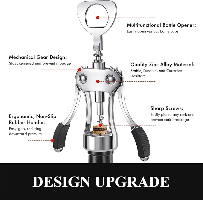 KORCCI Wine Opener, Heavy-Duty Zinc Alloy Wing Corkscrew, Premium Beer Bottle - Image 6