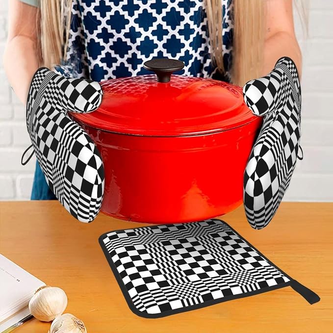Black and White Optical Illusion Checkered Oven Mitt & Pot Holder Set - Image 3