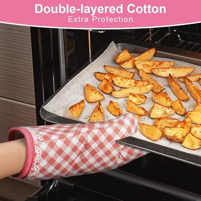 AUAUY Pink Oven Mitts, Kitchen Mittens, 392F Heat Resistant Non-Slip Gloves - Image 4