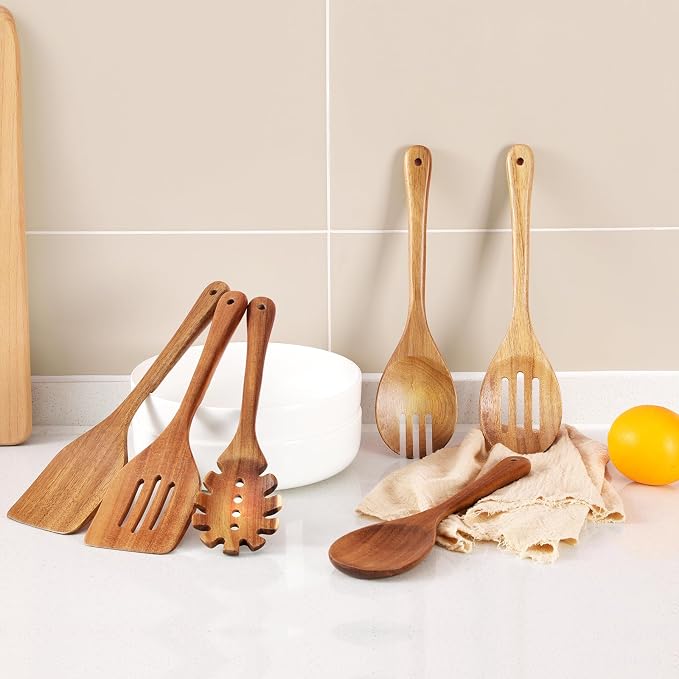 Wooden Cooking Utensils, 6 Pieces Natural Acacia Wooden Spoons - Image 9