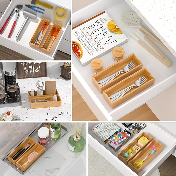 VeyFey Silverware Tray for Drawer, Stackable Kitchen Bamboo Drawer Organizer 9" - Image 6