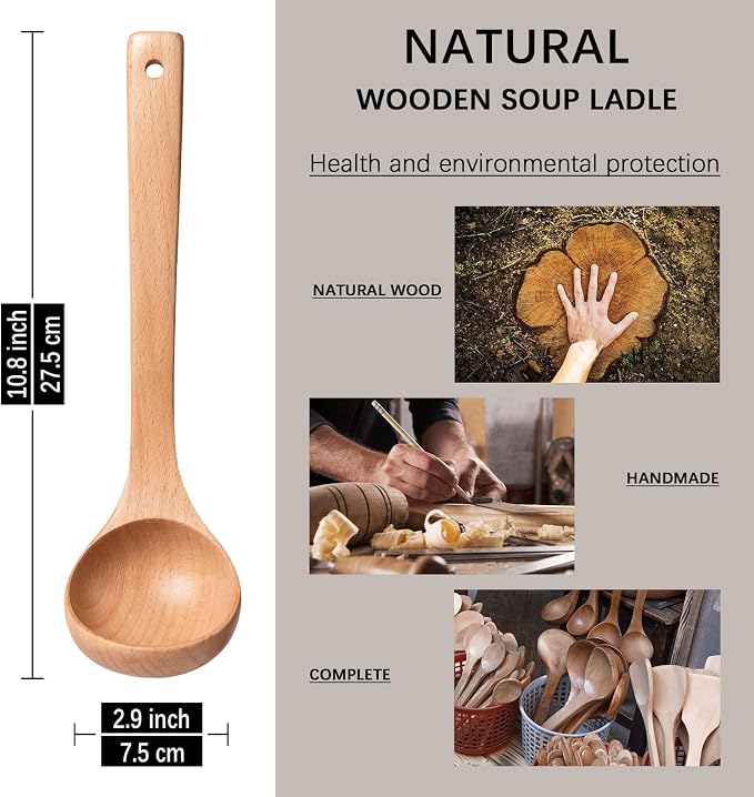Wooden Soup Ladle, 10.8" Handle, 2 fl oz Medium Scoop Utensil - Image 2