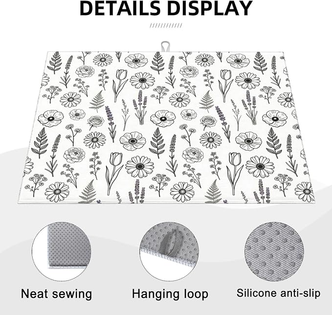 Black and White Floral Aesthetics Dish Drying Mat, - Image 7