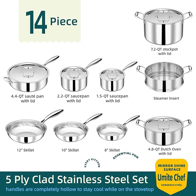 Umite Chef Stainless Steel Cookware Set, 5 Ply 14 Piece Stainless Steel Pot and - Image 2