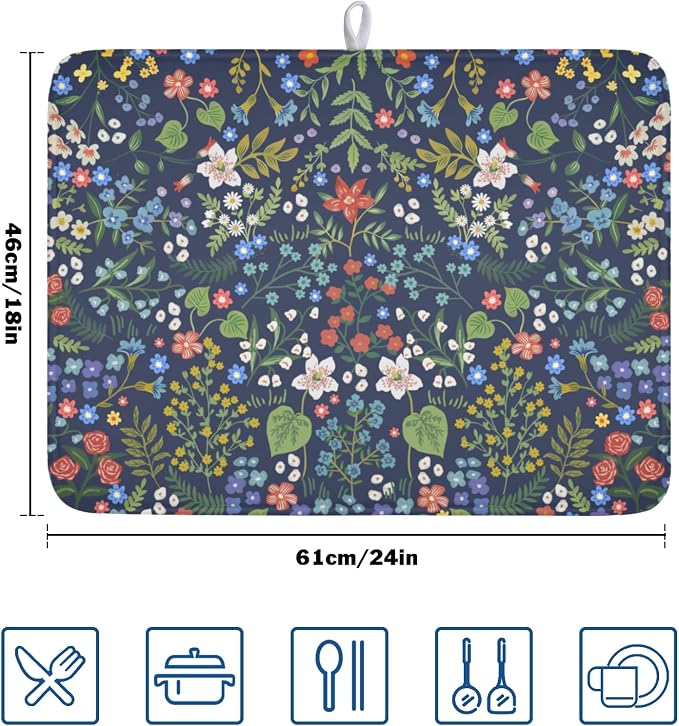 Flower Floral Dish Drying Mat 18x24 inch Microfiber Navy Blue Drying Mats - Image 2