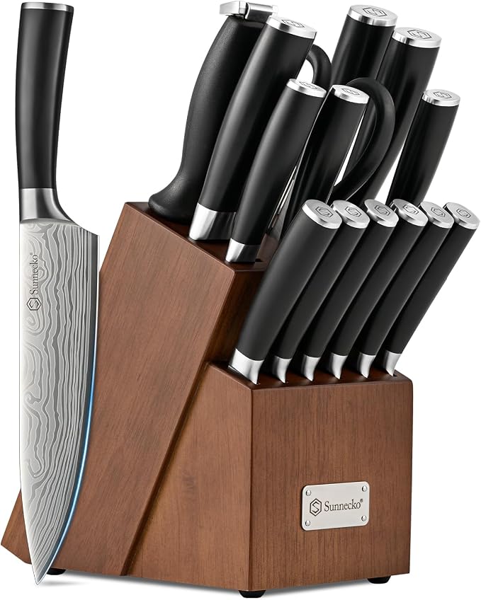 Sunnecko Knife Set with Block and Sharpener by Sunnecko