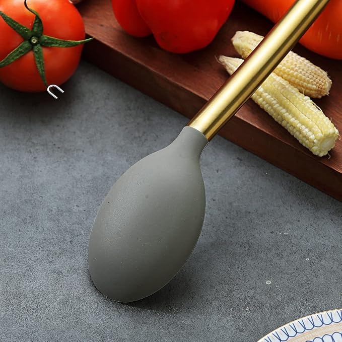 Berglander Non-stick Silicone Solid Serving Spoon, Titanium Gold Plating handle - Image 5