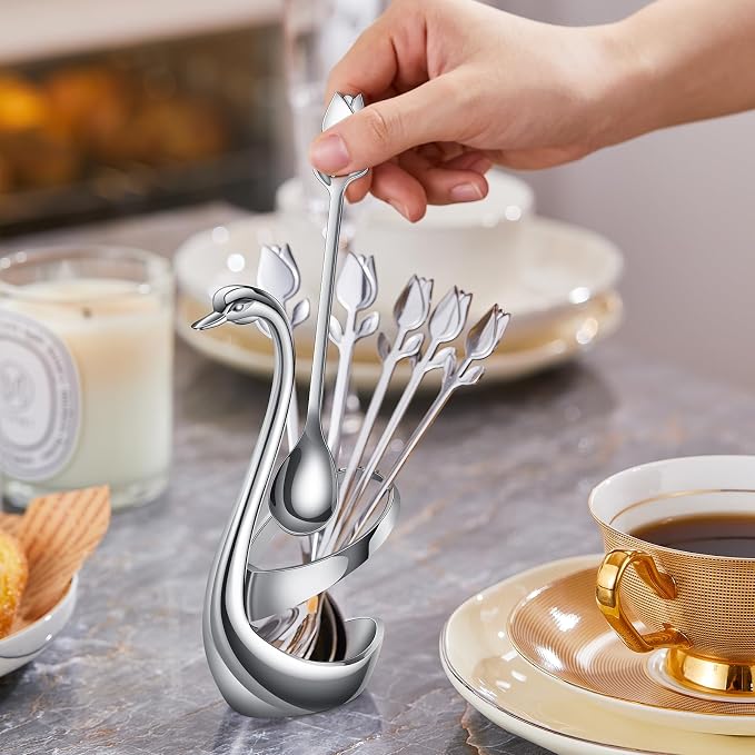 Silver Small Coffee Spoon Holder Set, Swan Base - Image 5