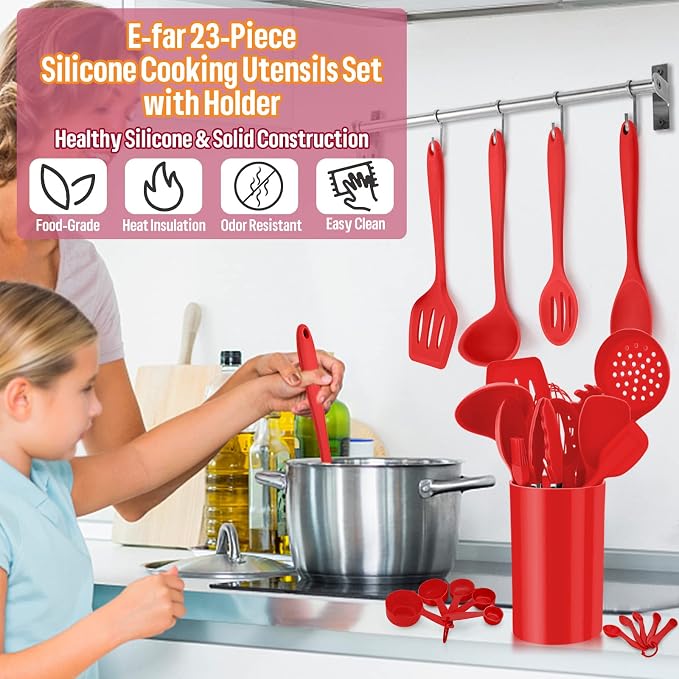 Silicone Kitchen Utensils Set, E-far 23 Pcs Red Cooking Utensils Tools - Image 6