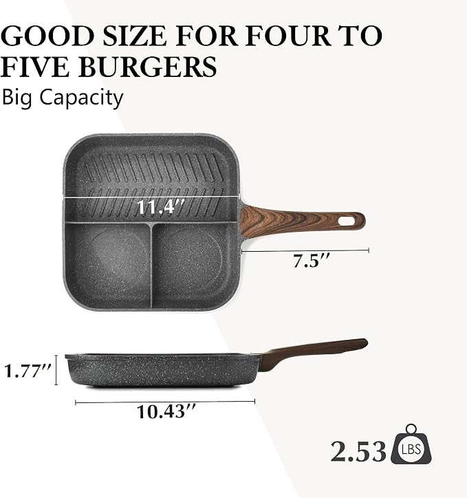 Sensarte Nonstick 11-Inch Square Grill Pan, 3-Section Versatile Breakfast - Image 7