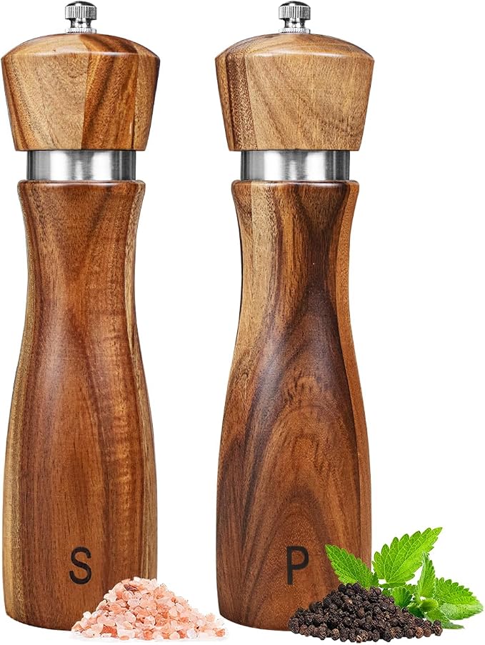2 Pack Acacia Wood Salt and Pepper Grinder Set, Wooden Salt and Pepper Mill Set by Haomacro