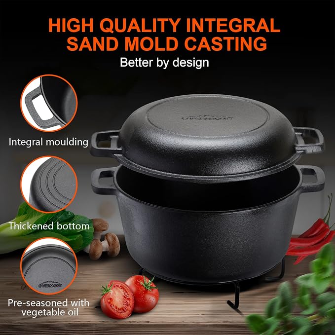 Overmont 2-in-1 Cast Iron Dutch Oven - 5QT Pre-Seasoned All-in-One Casserole - Image 8
