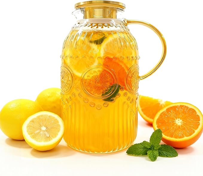 Amzcku Glass Pitcher with Lid, 101 oz/ 3 Liter Vintage Water Pitcher, Water by Amzcku