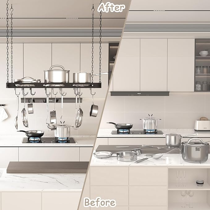 33” Pots and Pans Hanging Rack, Heavy-duty Metal Square Kitchen Ceiling Pot Rack - Image 4