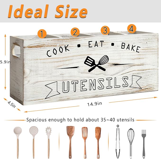 Extra Large and Durable Retro White Wooden Kitchen Utensil Holder - Image 2