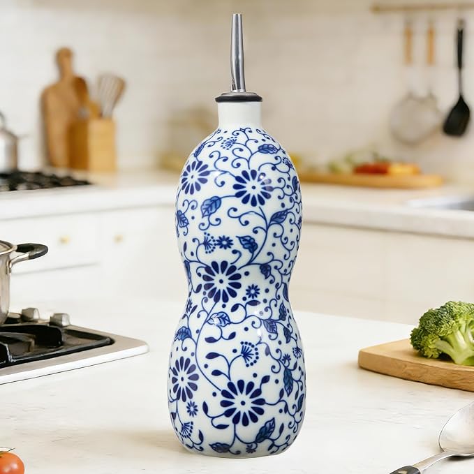 20oz Vintage Ceramic Olive Oil Dispenser Bottle, Gourd Shape Blue and White - Image 8