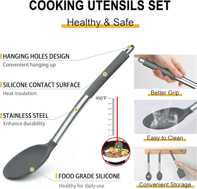 Silicone Cooking Utensils Set, E-far 14-Piece Gray Kitchen Utensils Set - Image 3