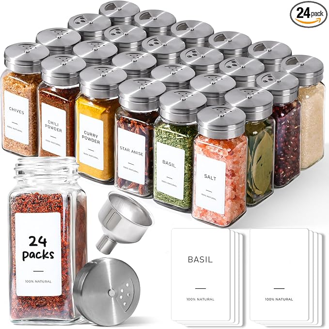 ComSaf Spice Jars with Shaker lids Adjustable, 4oz 24PCS，45 Labels, Comdiment by ComSaf