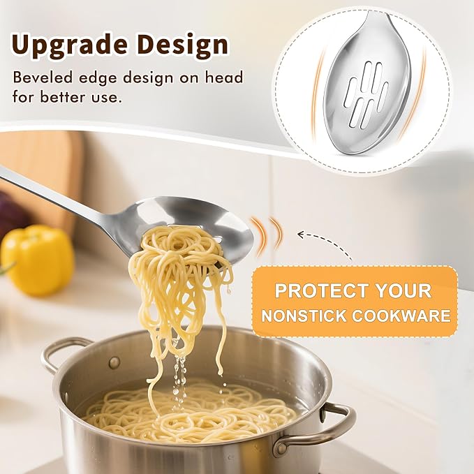 2 Pcs Stainless Steel Cooking Spoons Set, Solid & Slotted Metal Serving Spoons - Image 3