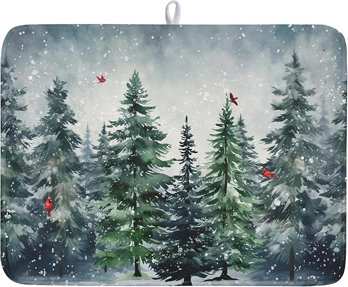 Winter Dish Drying Mat for Kitchen Counter Winter Pine Tree Dish Drying Mat by Kawani