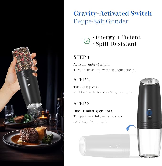 UNNEES Rechargeable Electric Salt and Pepper Grinder Set, Gravity Activated - Image 2